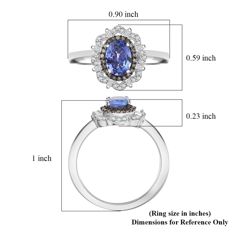 D'Joy Premium Tanzanite, Natural Champagne and White Diamond 1.00 ctw Floral Halo Ring in Rhodium Over Sterling Silver (Size 10.0)