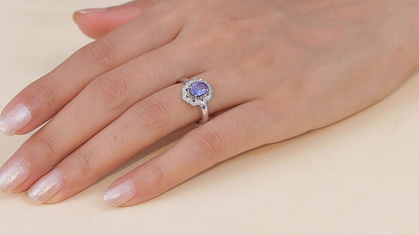 D'Joy Premium Tanzanite, Natural Champagne and White Diamond 1.00 ctw Ring in Rhodium Over Sterling Silver (Size 10.0)