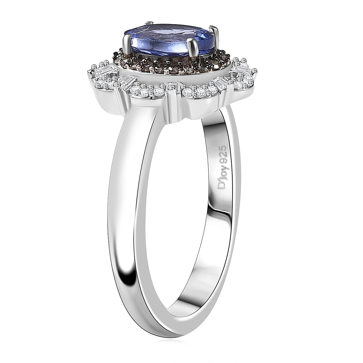 D'Joy Premium Tanzanite, Natural Champagne and White Diamond 1.00 ctw Floral Halo Ring in Rhodium Over Sterling Silver (Size 5.0) image number 2