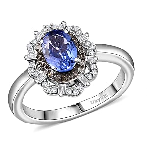 D'Joy Premium Tanzanite, Natural Champagne and White Diamond 1.00 ctw Floral Halo Ring in Rhodium Over Sterling Silver (Size 7.0) 