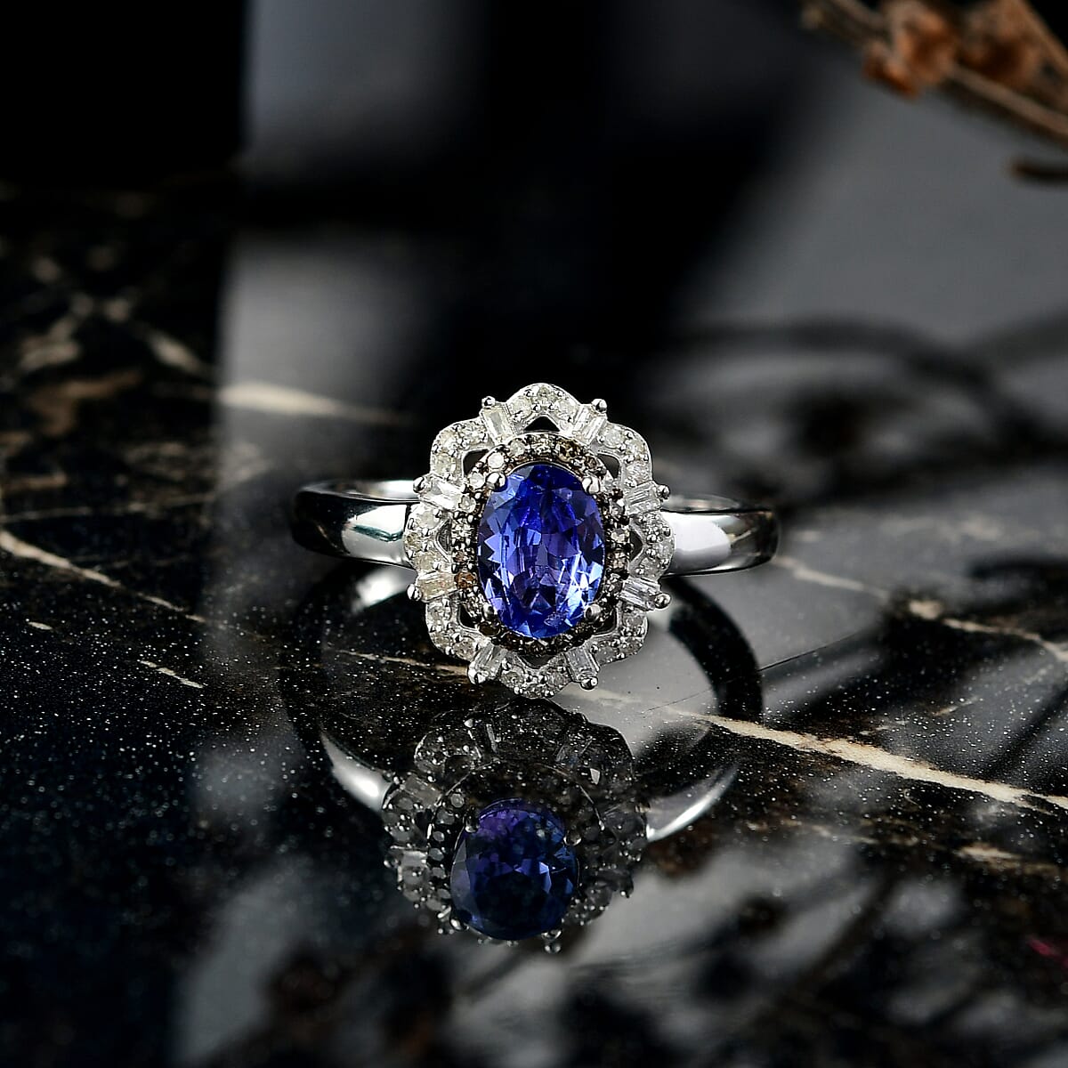 D'Joy Premium Tanzanite, Natural Champagne and White Diamond 1.00 ctw Floral Halo Ring in Rhodium Over Sterling Silver (Size 7.0)  image number 1