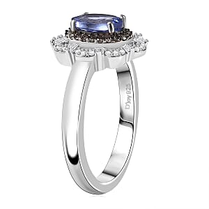 D'Joy Premium Tanzanite, Natural Champagne and White Diamond 1.00 ctw Floral Halo Ring in Rhodium Over Sterling Silver (Size 7.0)