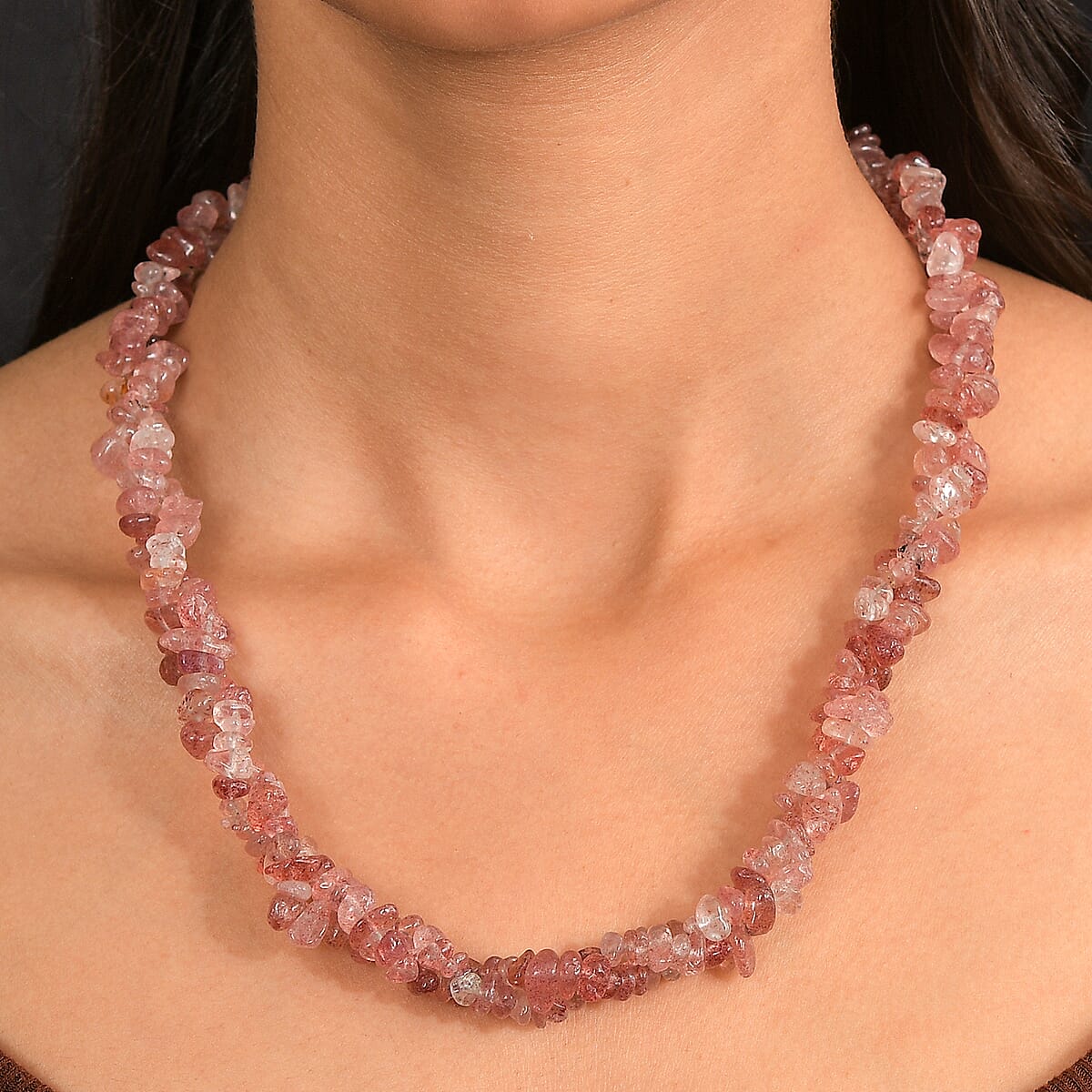 EverTrue Strawberry Quartz 380.00 ctw Chips Necklace in Platinum Bond 20 Inches image number 2