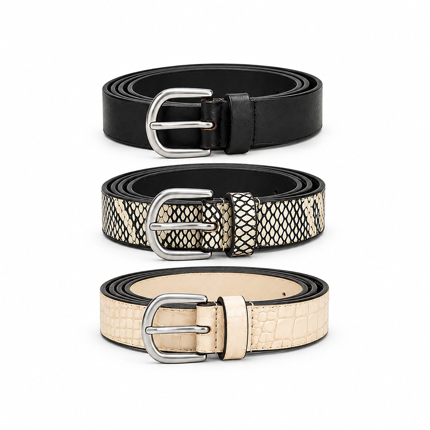 LA Marey Black and Cream Croco Genuine Leather Women's Set of 3 Belt (42 inches)
