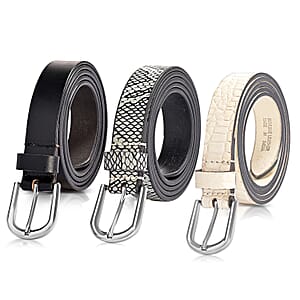 LA Marey Black and Cream Croco Genuine Leather Women's Set of 3 Belt (42 inches)