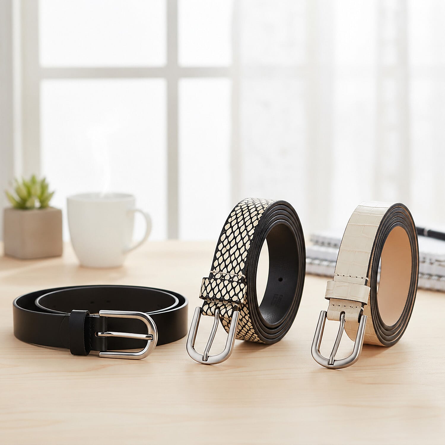 LA Marey Black and Cream Croco Genuine Leather Women's Set of 3 Belt (42 inches)