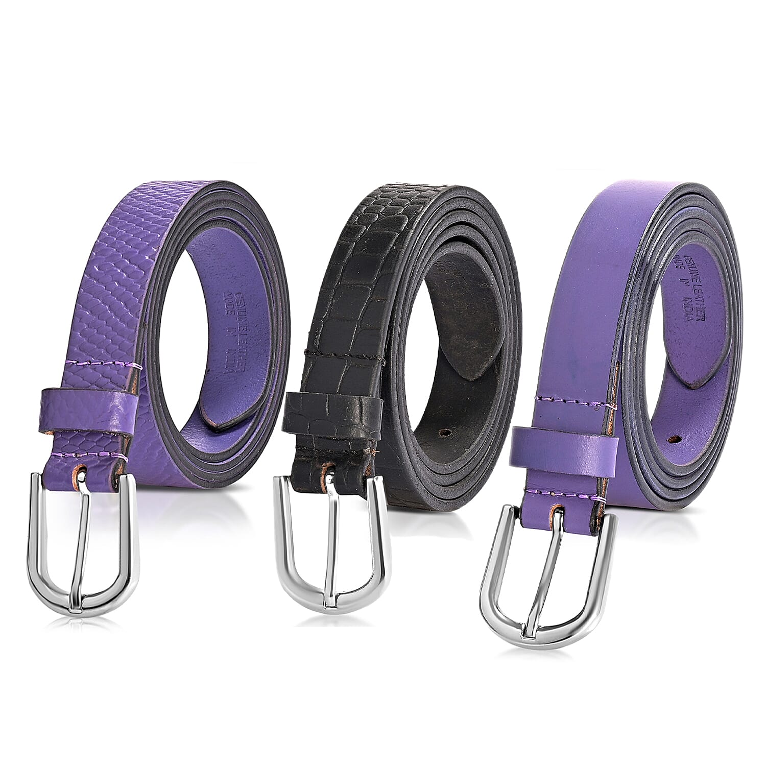 LA Marey Black Croco and Purple Python Genuine Leather Women's Set of 3 Belt (42 inches)