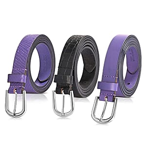 LA Marey Black Croco and Purple Python Genuine Leather Women's Set of 3 Belt (42 inches)