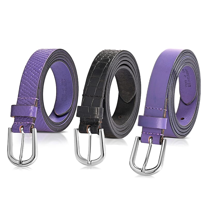 LA Marey Black Croco and Purple Python Genuine Leather Women's Set of 3 Belt (42 inches)