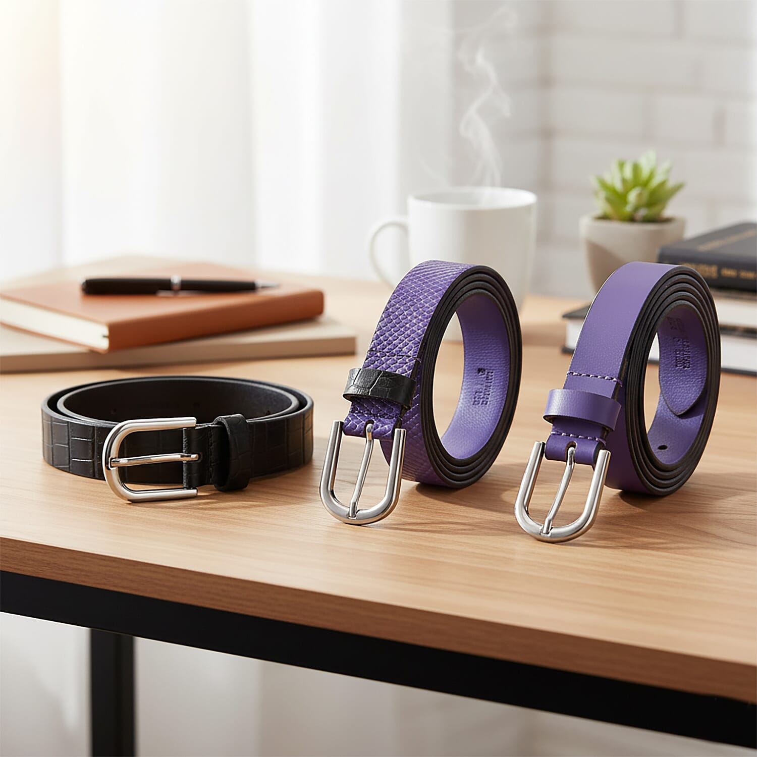 LA Marey Black Croco and Purple Python Genuine Leather Women's Set of 3 Belt (42 inches)