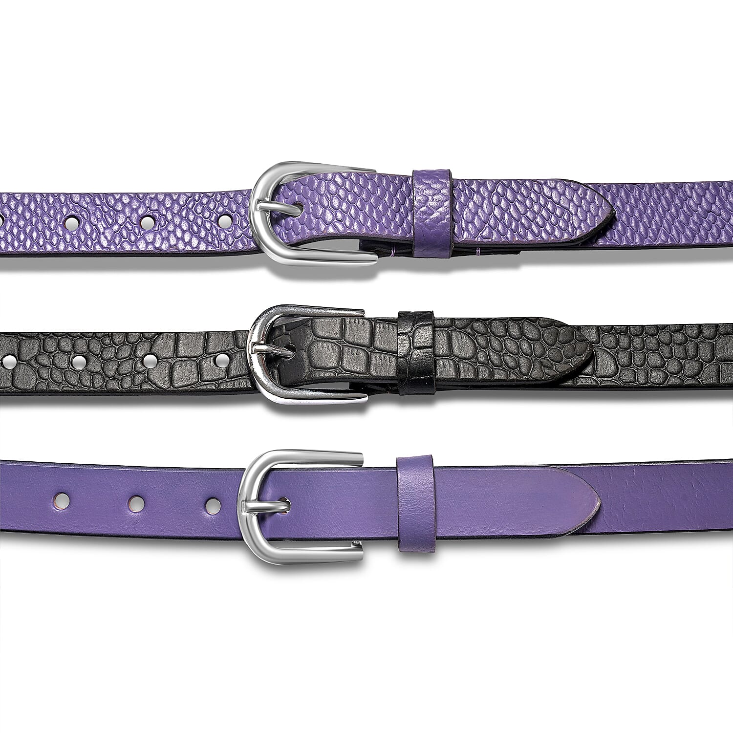 LA Marey Black Croco and Purple Python Genuine Leather Women's Set of 3 Belt (42 inches)