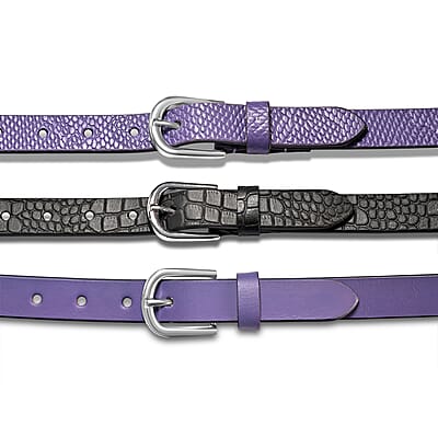 LA Marey Black Croco and Purple Python Genuine Leather Women's Set of 3 Belt (42 inches)