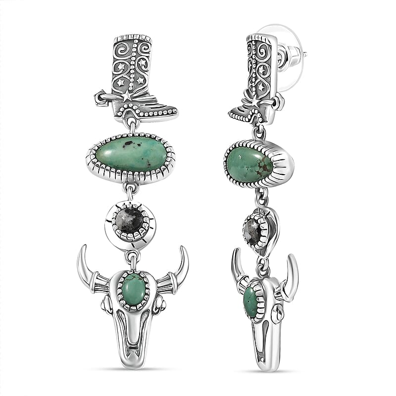 D'Joy Artisan Crafted Tahoe Nevada Turquoise and White Buffalo 8.15 ctw Cowboy Boot and Bull Head Earrings in Sterling Silver