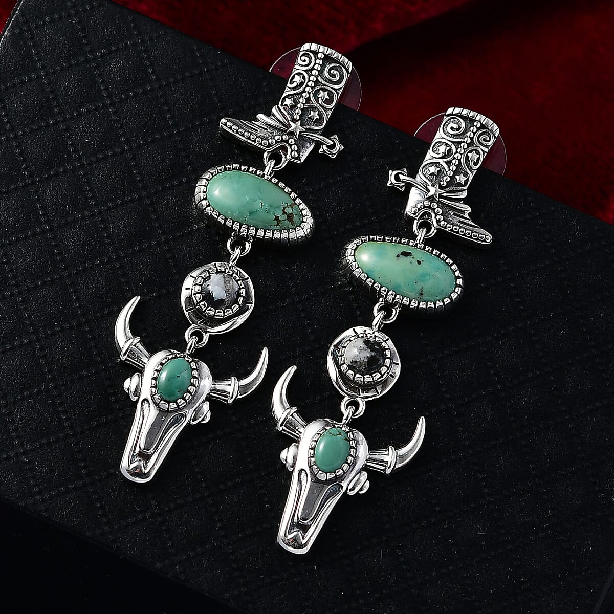D'Joy Artisan Crafted Tahoe Naveda Turquoise and White Buffalo 8.15 ctw Cowboy Boot and Bull Head Earrings in Sterling Silver image number 1
