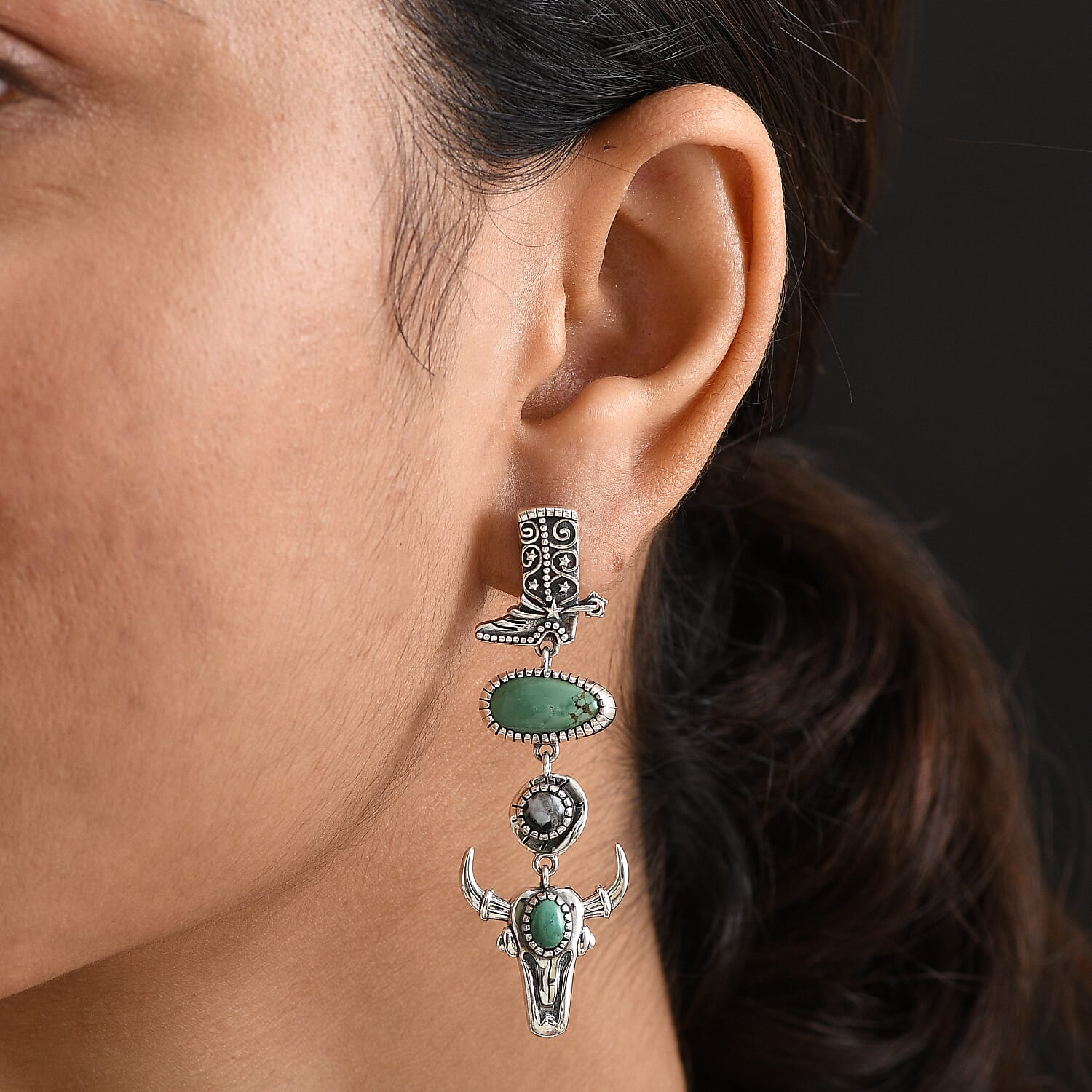 D'Joy Artisan Crafted Tahoe Nevada Turquoise and White Buffalo 8.15 ctw Cowboy Boot and Bull Head Earrings in Sterling Silver