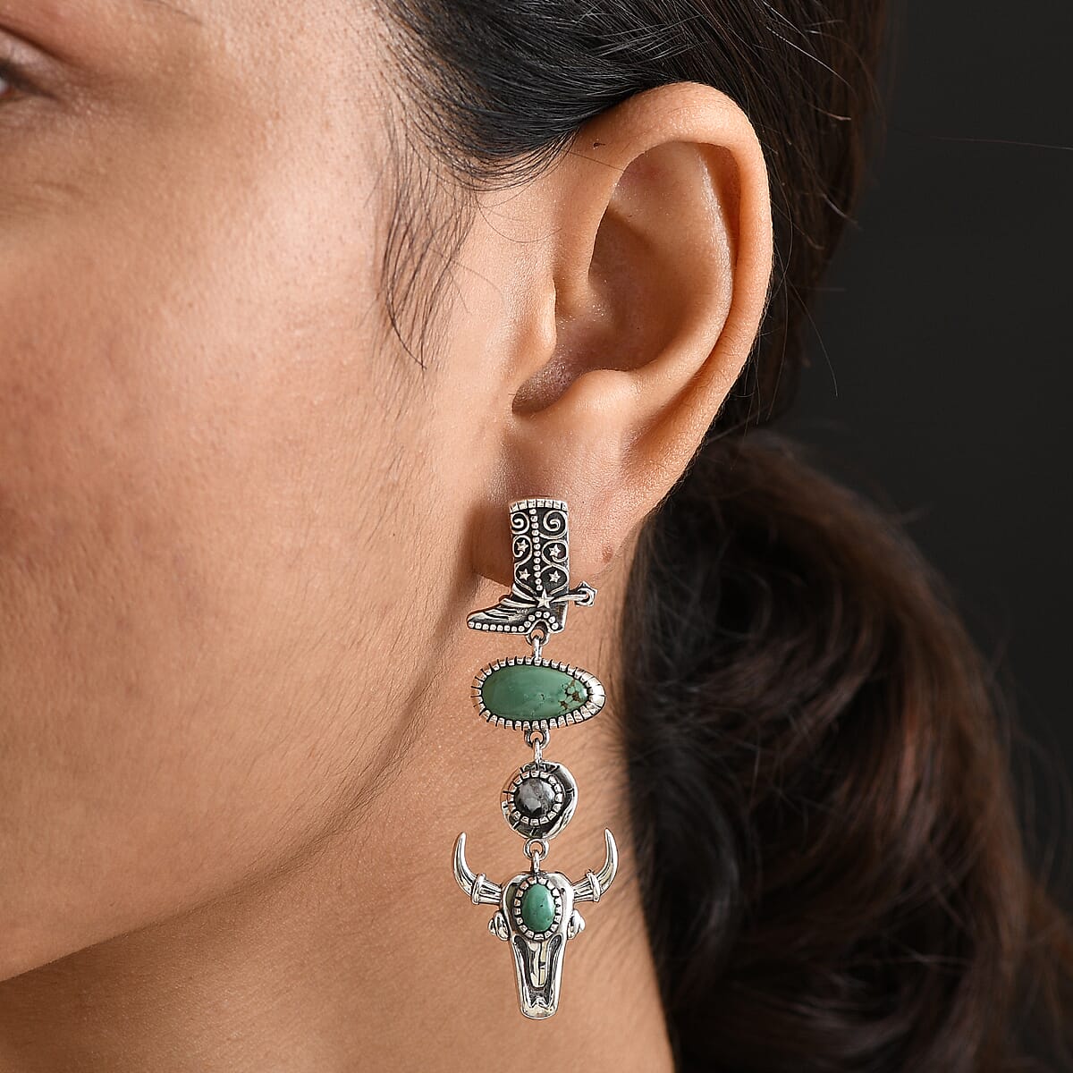 D'Joy Artisan Crafted Tahoe Naveda Turquoise and White Buffalo 8.15 ctw Cowboy Boot and Bull Head Earrings in Sterling Silver image number 2