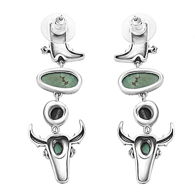 D'Joy Artisan Crafted Tahoe Nevada Turquoise and White Buffalo 8.15 ctw Cowboy Boot and Bull Head Earrings in Sterling Silver