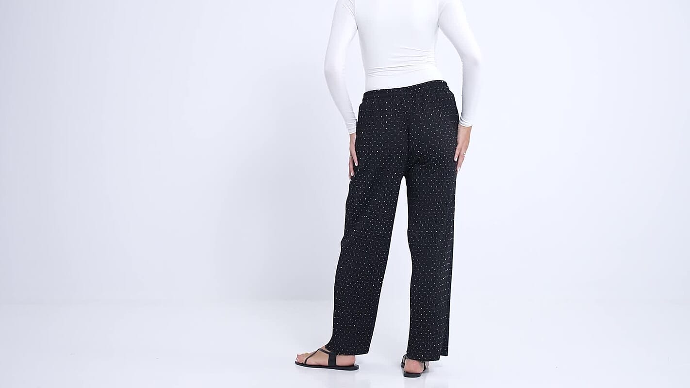 Tamsy Black Wide Leg Pant with Crystals and Elastic Waist (Waist 34cm, Length 102cm)