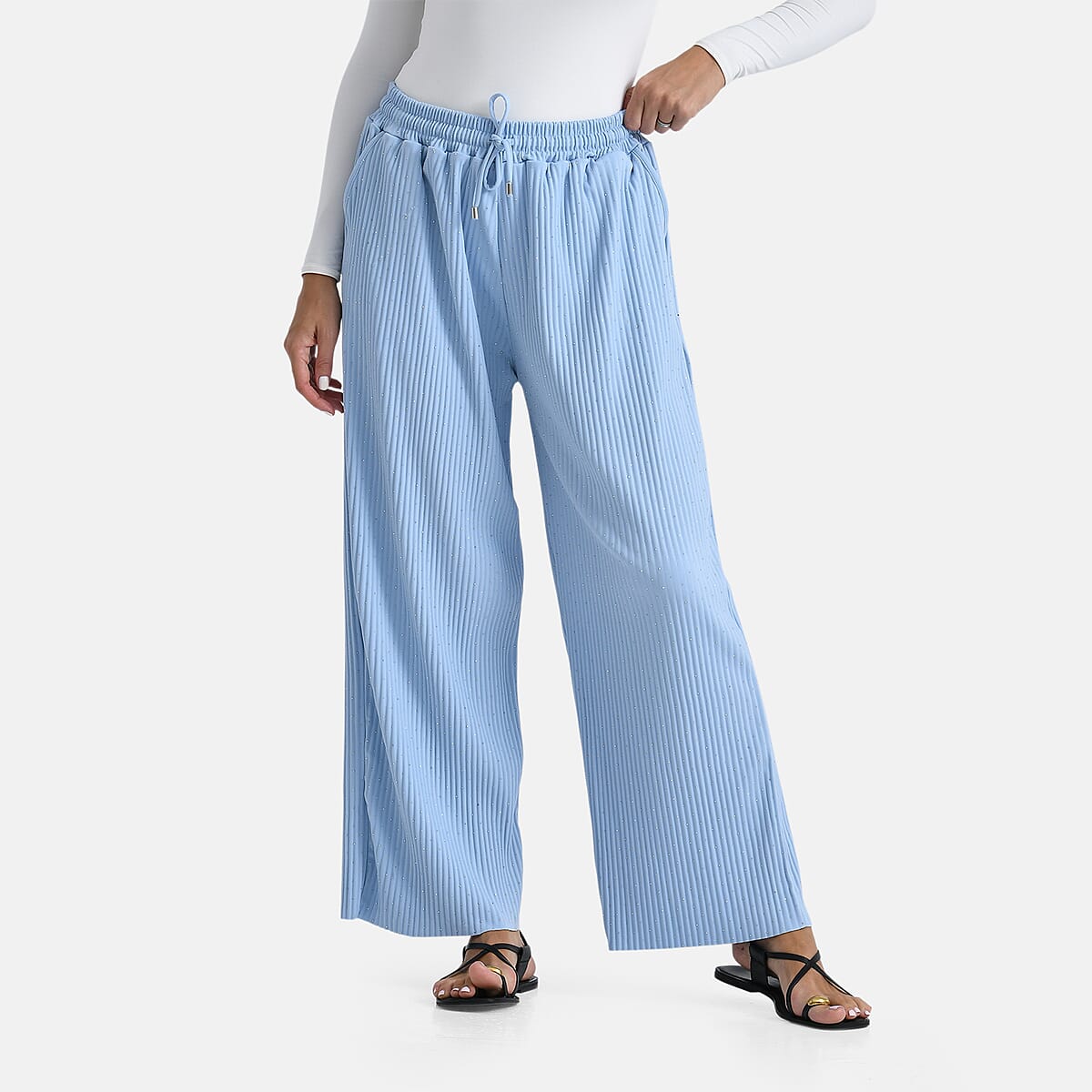 TAMSY Light Blue Crystal Wide Leg Pant with Elastic Waist - One Size Fits Most image number 3