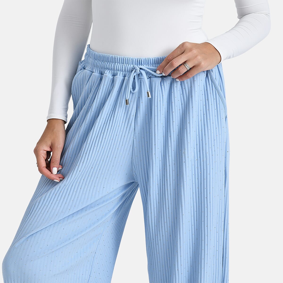 TAMSY Light Blue Crystal Wide Leg Pant with Elastic Waist - One Size Fits Most image number 4