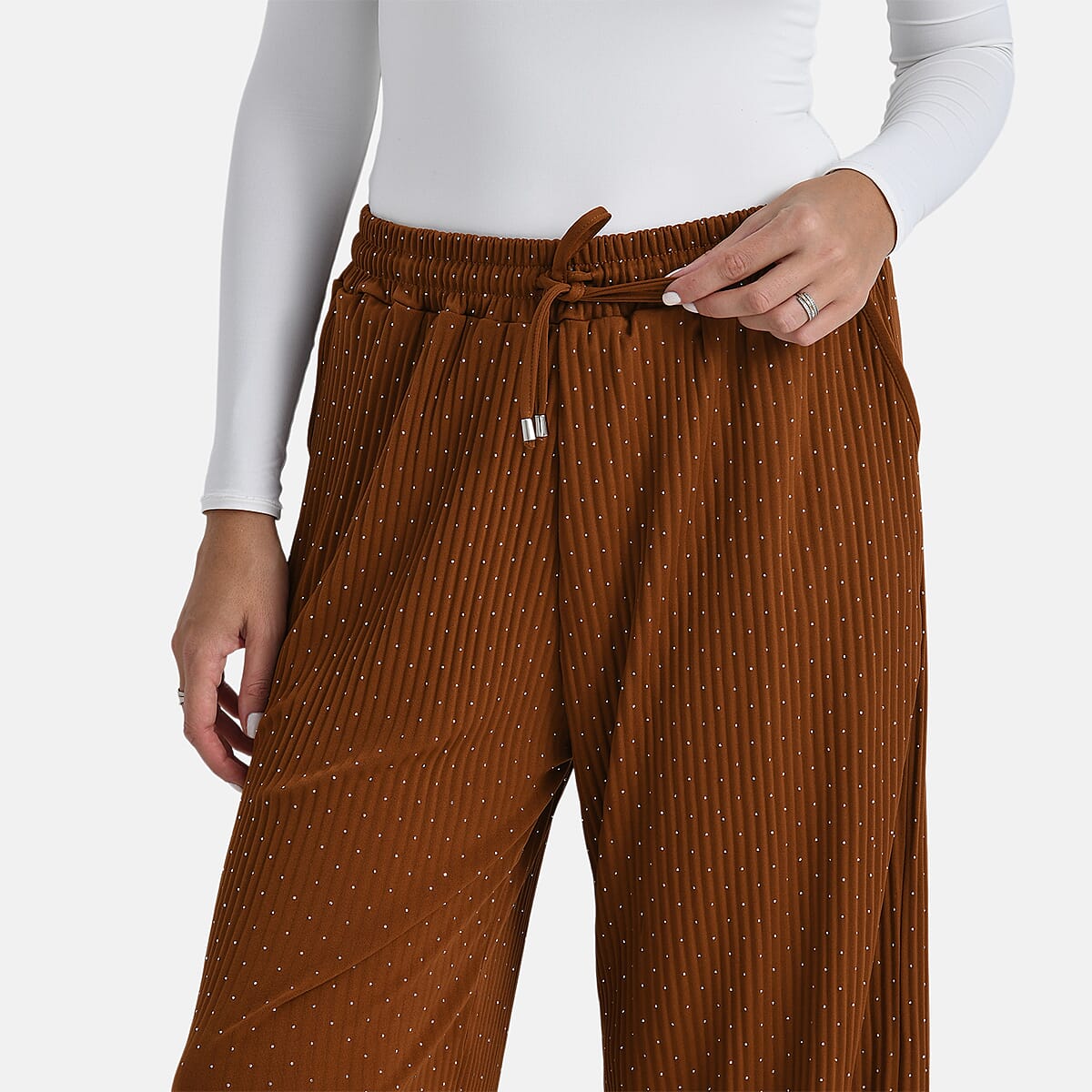 TAMSY Cognac Crystal Wide Leg Pant with Elastic Waist - One Size Fits Most image number 4