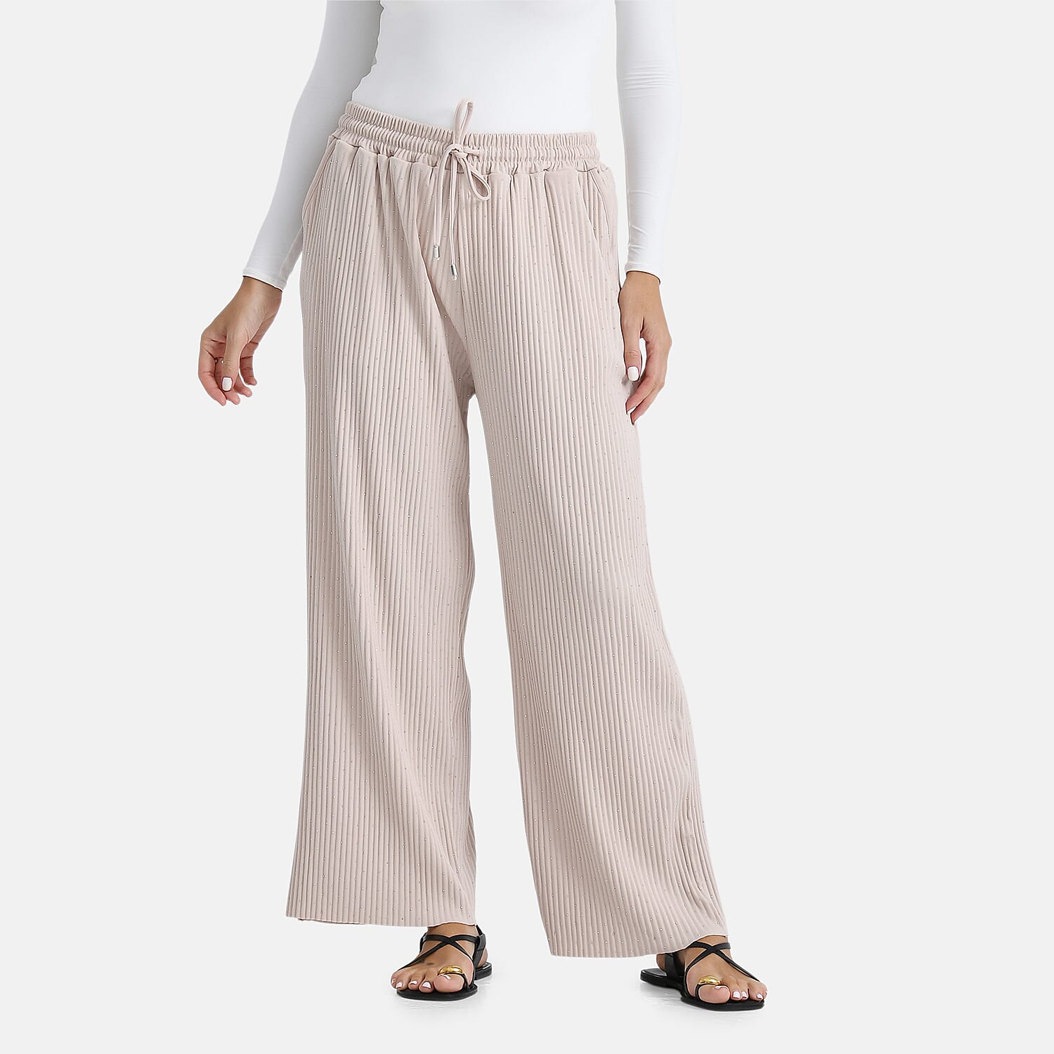 Tamsy Black Wide Leg Pant with Crystals and Elastic Waist (Waist 34cm, Length 102cm)