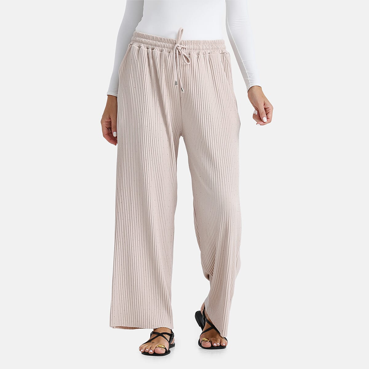 TAMSY Cream Crystal Wide Leg Pant with Elastic Waist - One Size Fits Most image number 3