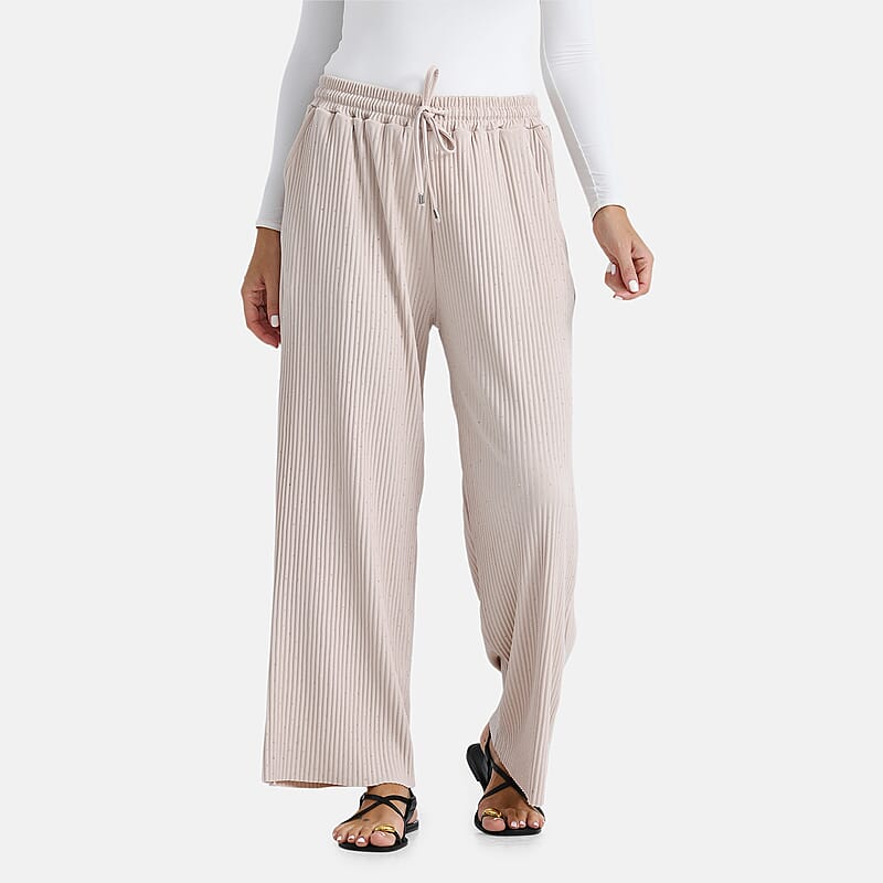 TAMSY Cream Crystal Wide Leg Pant with Elastic Waist - One Size Fits Most