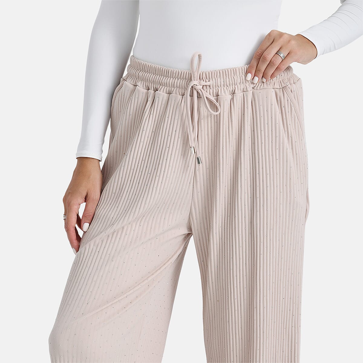 TAMSY Cream Crystal Wide Leg Pant with Elastic Waist - One Size Fits Most image number 4