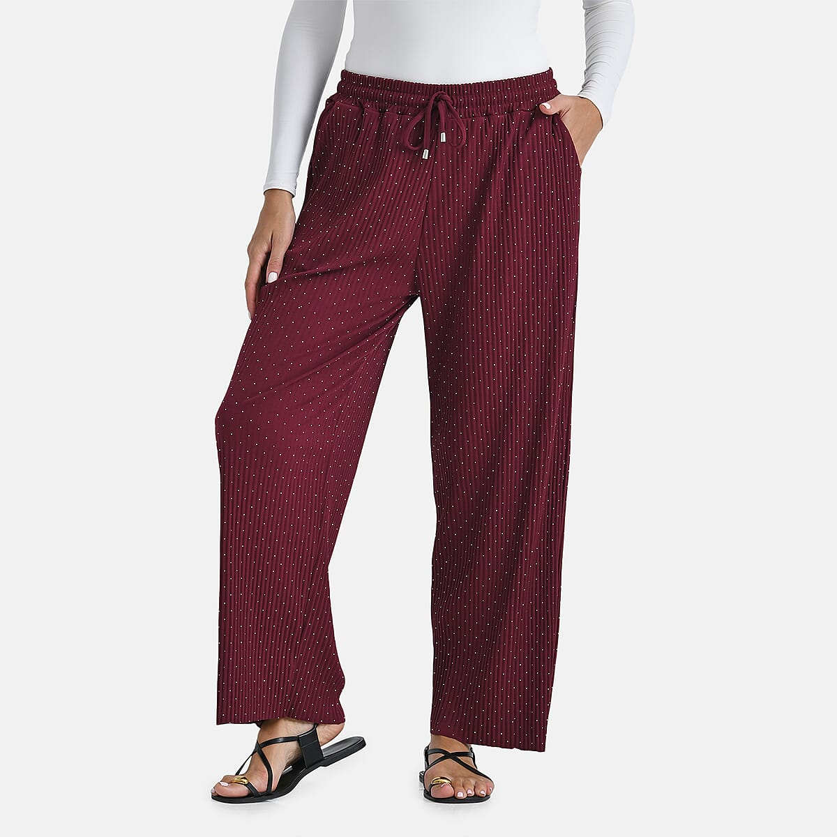 TAMSY Burgundy Crystal Wide Leg Pant with Elastic Waist - One Size Fits Most image number 2
