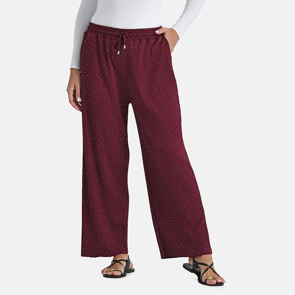 TAMSY Burgundy Crystal Wide Leg Pant with Elastic Waist - One Size Fits Most image number 3