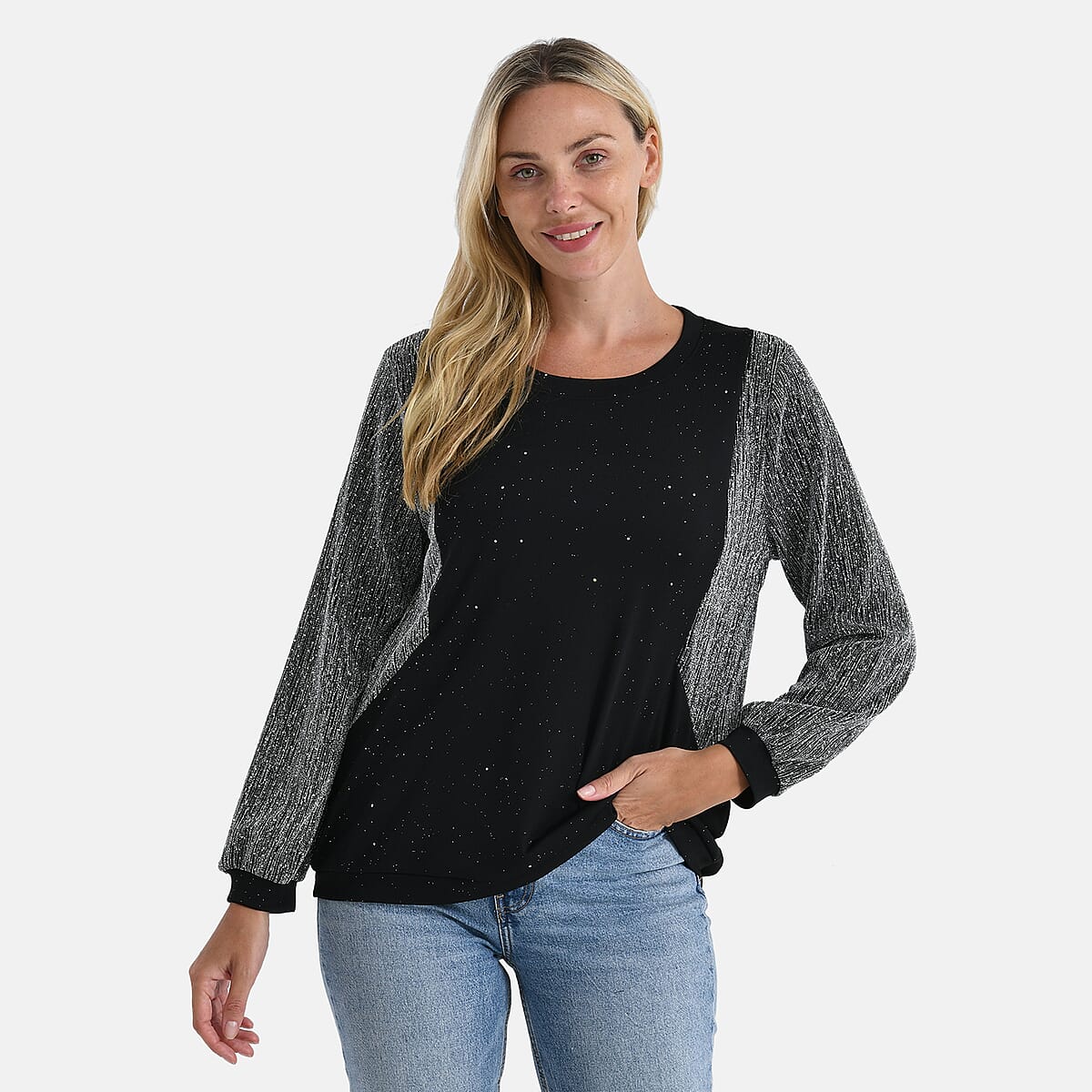 Tamsy Silver Lurex Sparkle Long Sleeve Blouse - L/XL image number 3