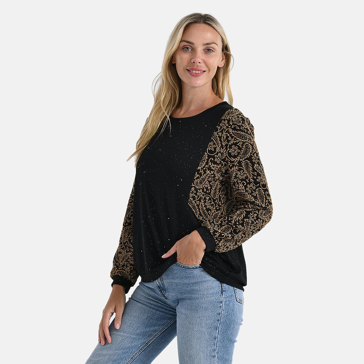 Tamsy Gold Lurex Sparkle Long Sleeve Blouse - L/XL image number 2
