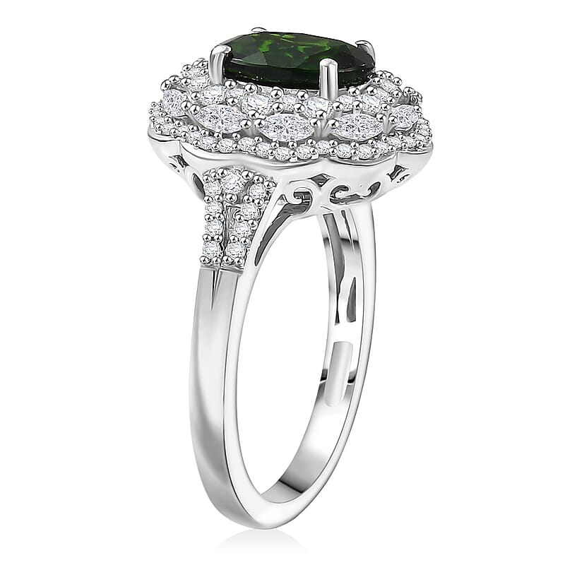 D'Joy Chrome Diopside and White Zircon 3.25 ctw Majestic Bloom Ring in Rhodium Over Sterling Silver (Size 6.0)
