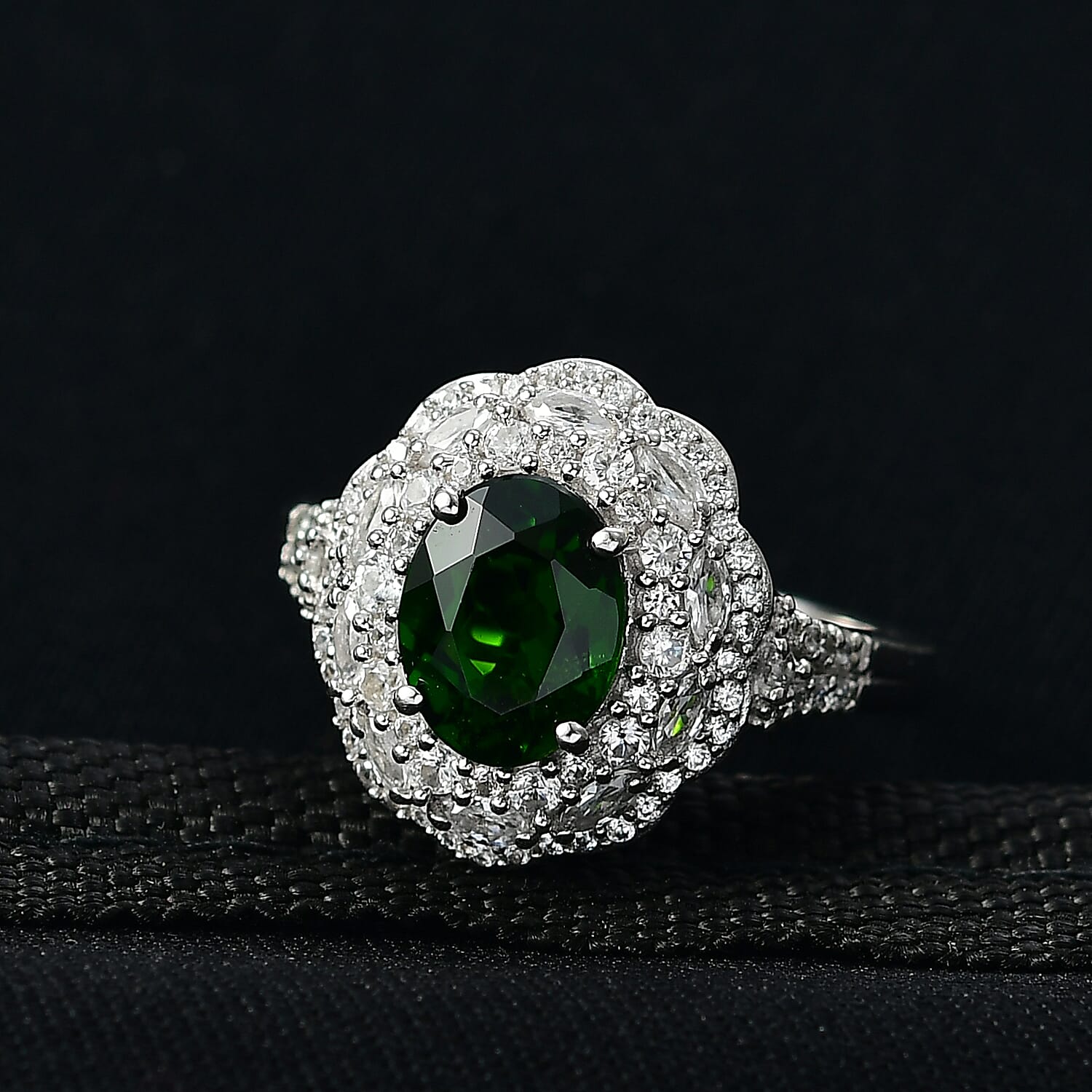 D'Joy Chrome Diopside and White Zircon 3.25 ctw Majestic Bloom Ring in Rhodium Over Sterling Silver (Size 8.0)
