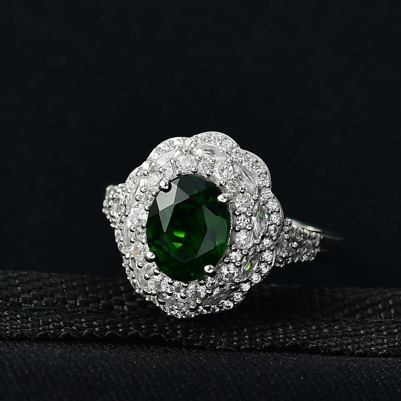D'Joy Chrome Diopside and White Zircon 3.25 ctw Majestic Bloom Ring in Rhodium Over Sterling Silver (Size 8.0)