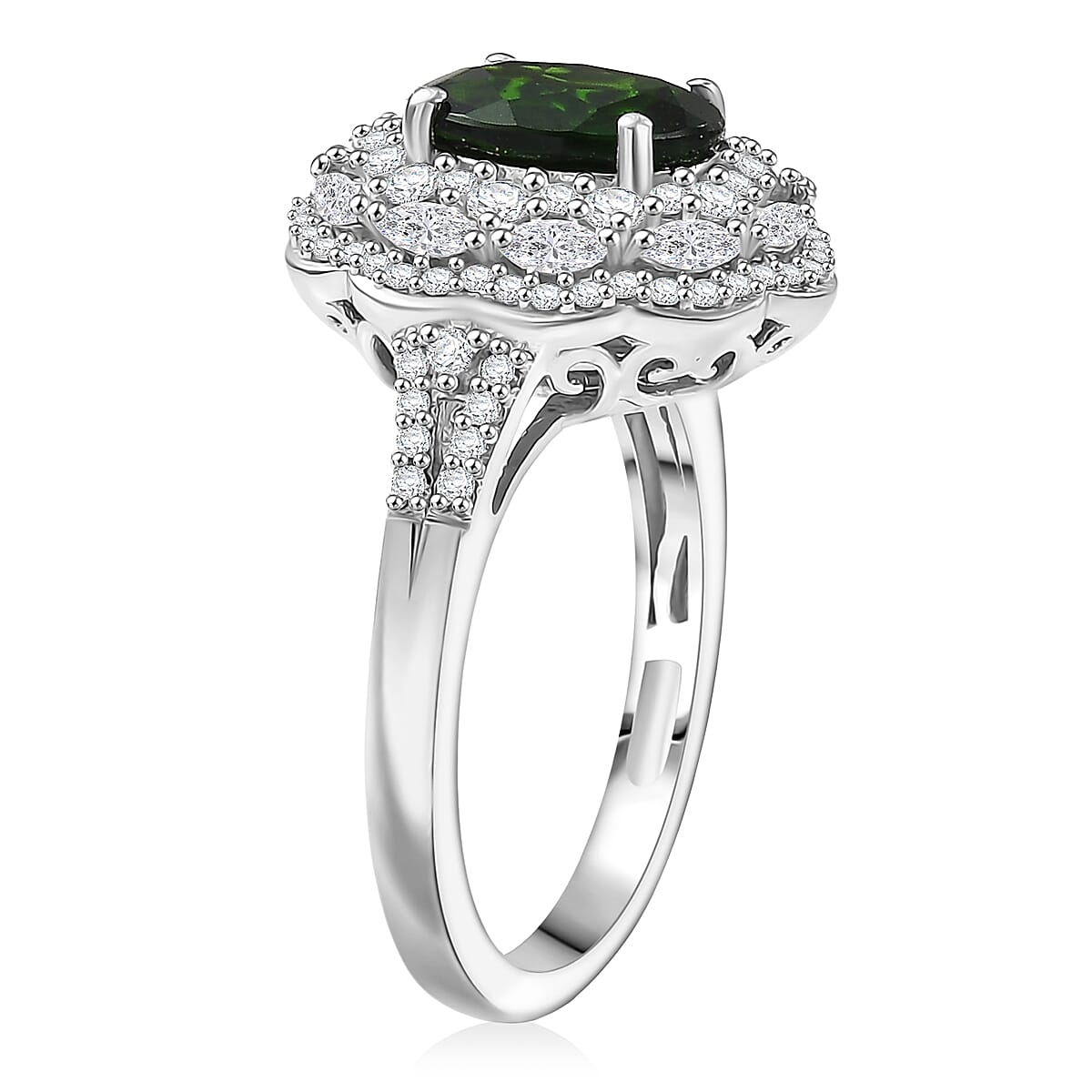 D'Joy Chrome Diopside and White Zircon 3.25 ctw Majestic Bloom Ring in Rhodium Over Sterling Silver (Size 8.0)