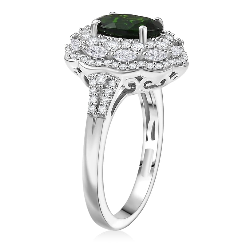 D'Joy Chrome Diopside and White Zircon 3.25 ctw Majestic Bloom Ring in Rhodium Over Sterling Silver (Size 8.0)