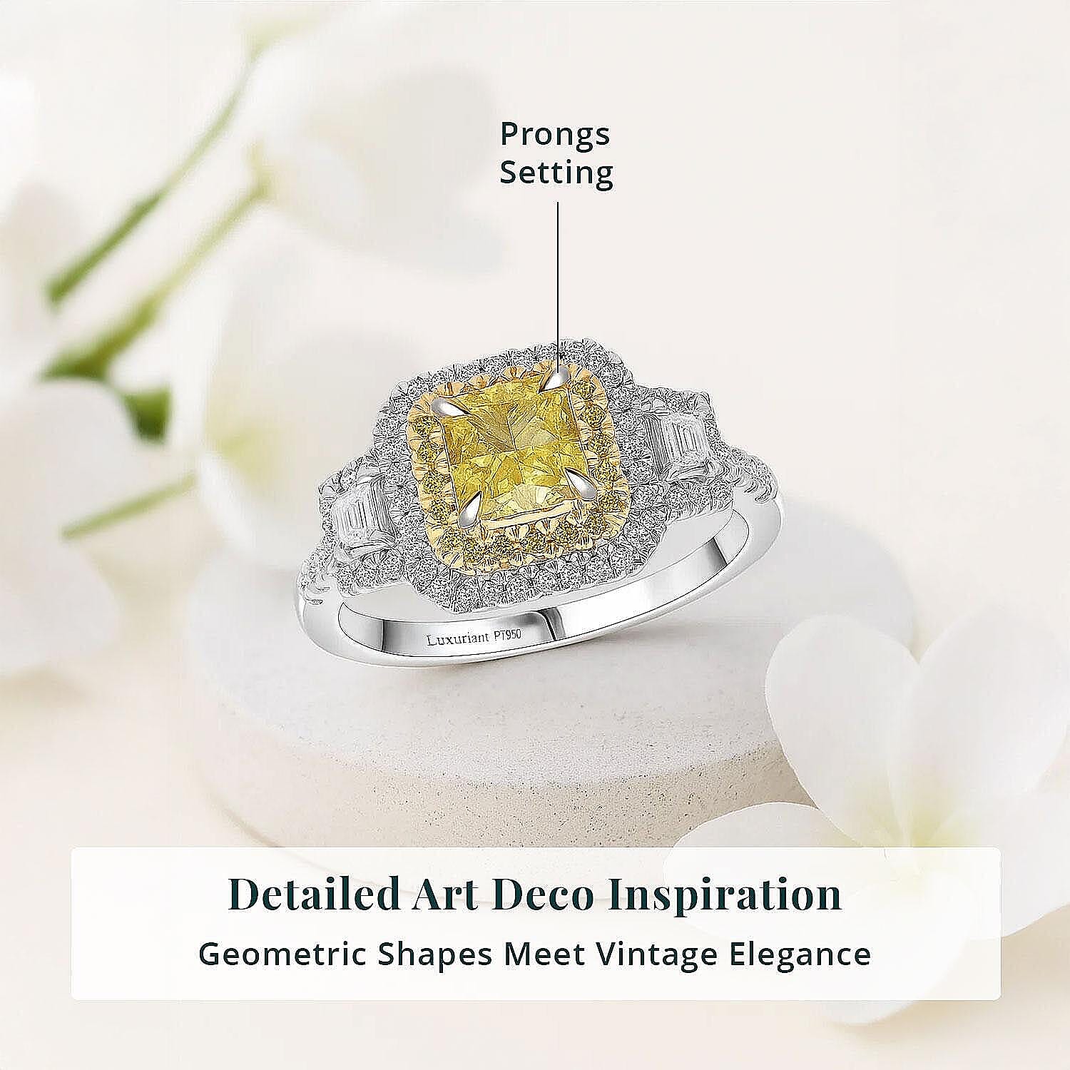IGI Certified Luxuriant Lab Grown Yellow Diamond, Lab Grown Diamond (VS) Art Deco Ring in 950 Platinum 2.00 ctw (Size 10.0)
