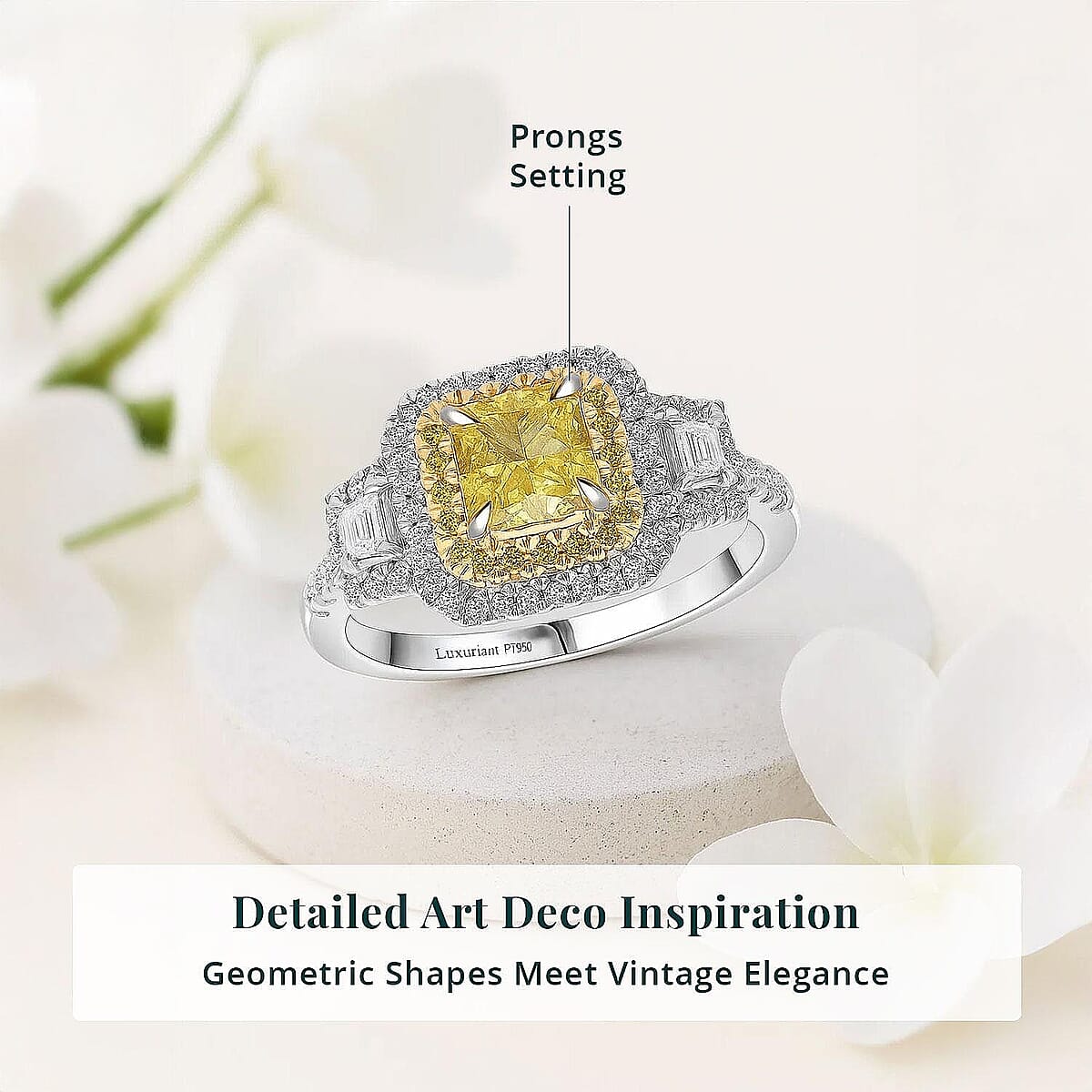 IGI Certified Luxuriant Lab Grown Yellow Diamond, Lab Grown Diamond (VS) Art Deco Ring in 950 Platinum 2.00 ctw (Size 10.0) image number 4