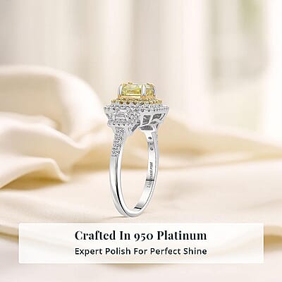 IGI Certified Luxuriant Lab Grown Yellow Diamond, Lab Grown Diamond (VS) Art Deco Ring in 950 Platinum 2.00 ctw (Size 5.0)