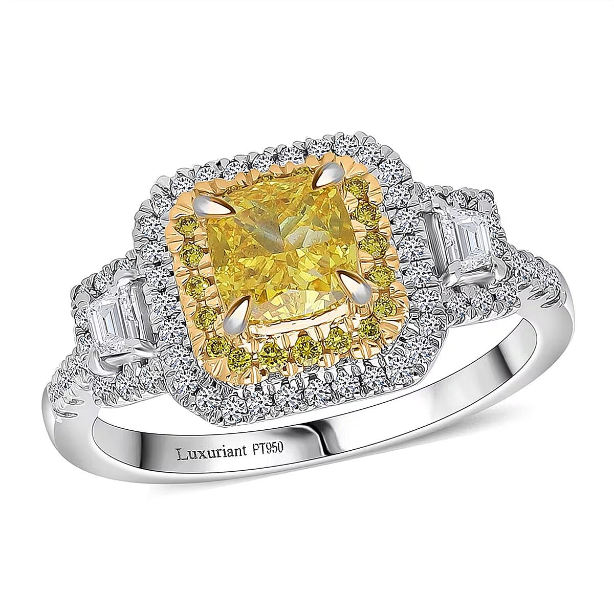 IGI Certified Luxuriant Lab Grown Yellow Diamond (IR) and Lab Grown Diamond VS 2.00 ctw Art Deco Ring in 950 Platinum (Size 8.0) 7.50 Grams image number 0