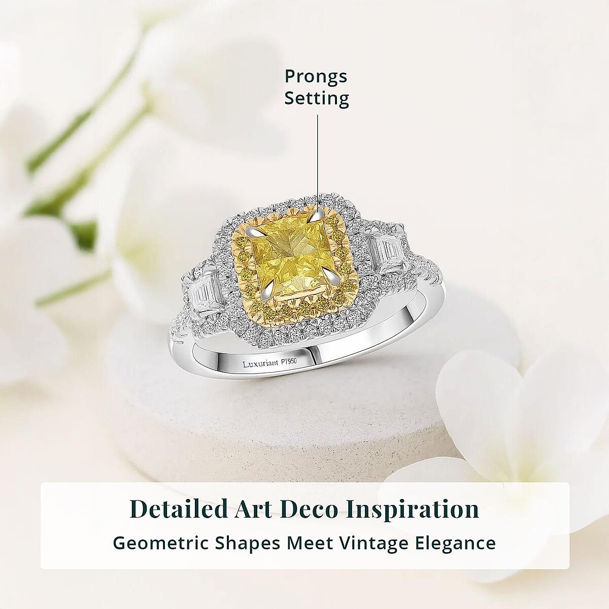 IGI Certified Luxuriant Lab Grown Yellow Diamond (IR) and Lab Grown Diamond VS 2.00 ctw Art Deco Ring in 950 Platinum (Size 8.0) 7.50 Grams image number 4