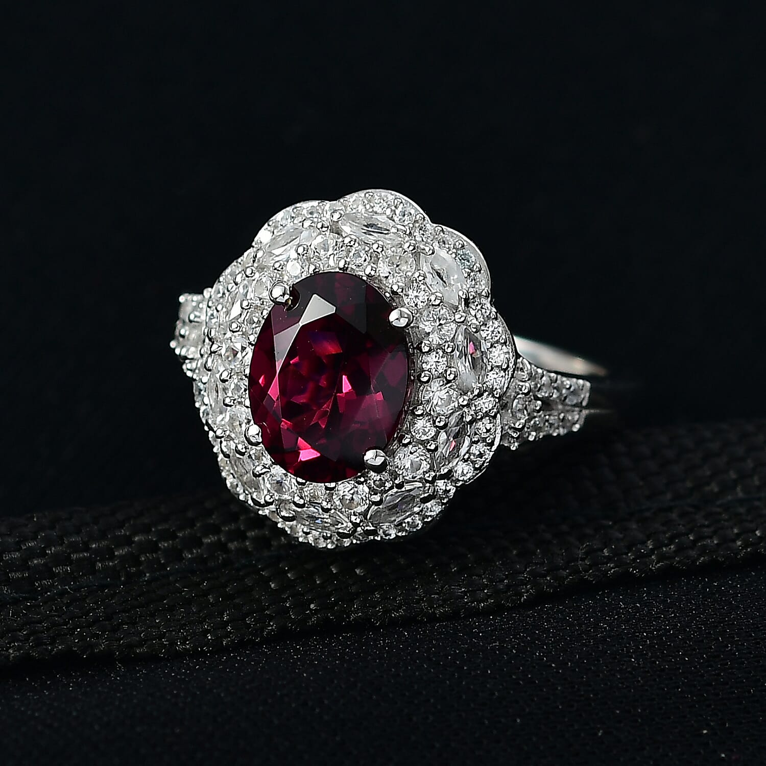 D'Joy Premium Orissa Rhodolite Garnet and White Zircon 3.65 ctw Majestic Bloom Ring in Rhodium Over Sterling Silver (Size 10.0)