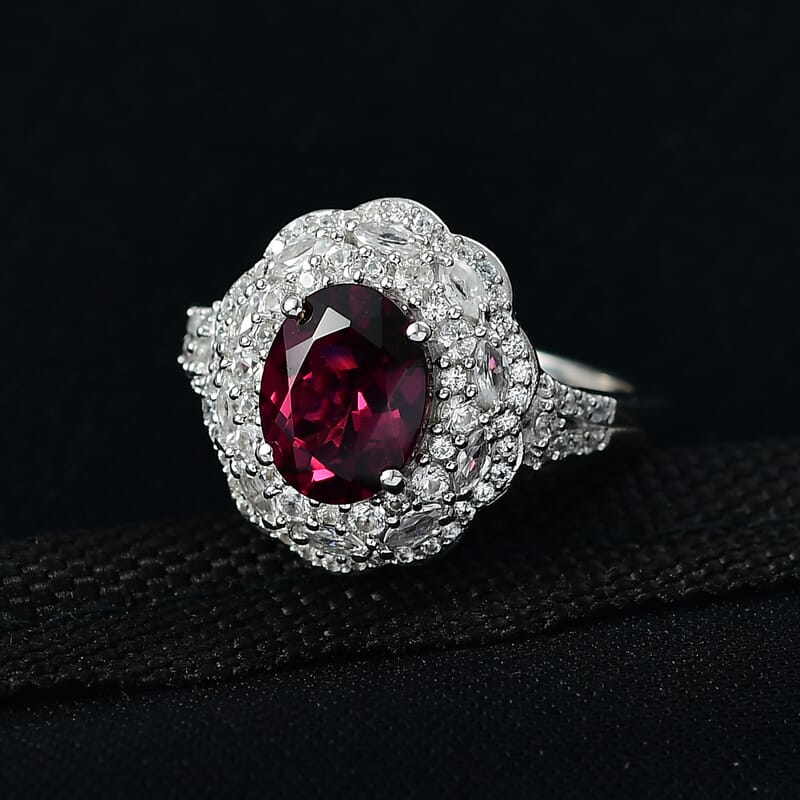 D'Joy Premium Orissa Rhodolite Garnet and White Zircon 3.65 ctw Majestic Bloom Ring in Rhodium Over Sterling Silver (Size 10.0)