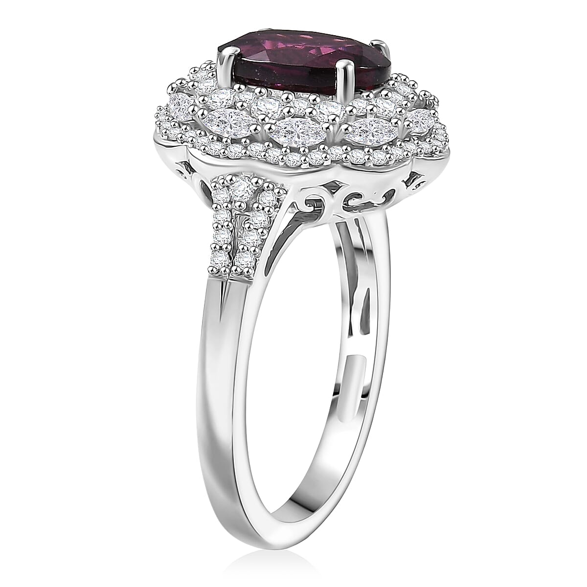 D'Joy Premium Orissa Rhodolite Garnet and White Zircon 3.65 ctw Majestic Bloom Ring in Rhodium Over Sterling Silver (Size 10.0)