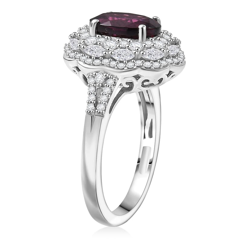 D'Joy Premium Orissa Rhodolite Garnet and White Zircon 3.65 ctw Majestic Bloom Ring in Rhodium Over Sterling Silver (Size 10.0)