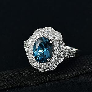 D'Joy Premium London Blue Topaz and White Zircon 3.60 ctw Ring in Rhodium Over Sterling Silver (Size 10.0)