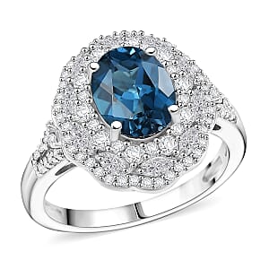 D'Joy Premium London Blue Topaz and White Zircon 3.60 ctw Ring in Rhodium Over Sterling Silver (Size 5.0)