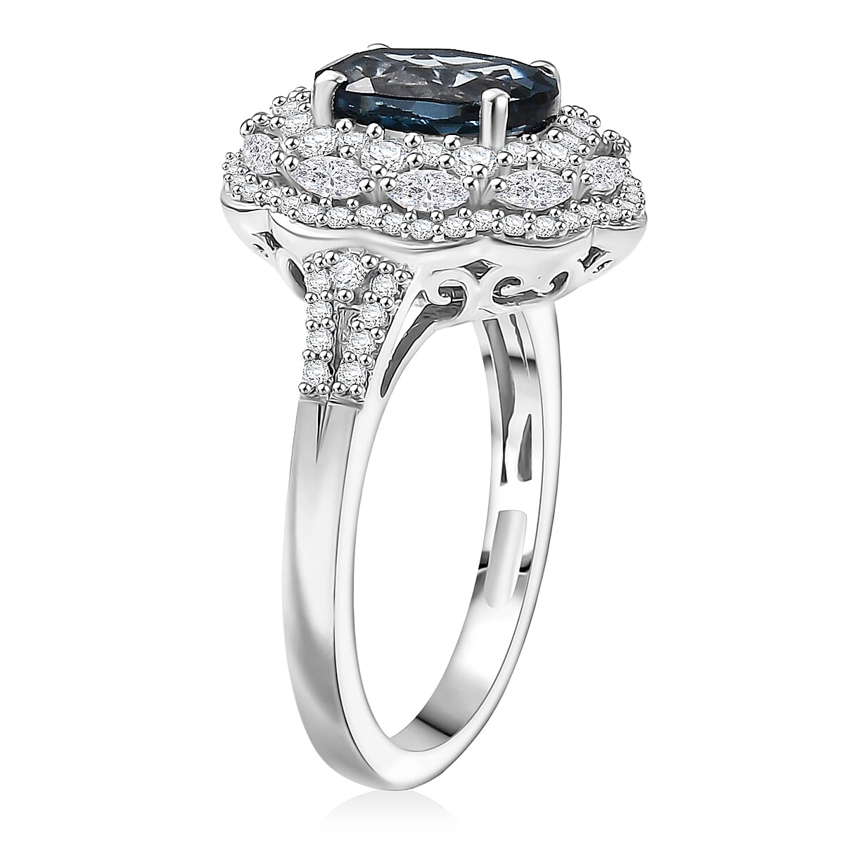 D'Joy Premium London Blue Topaz and White Zircon 3.60 ctw Ring in Rhodium Over Sterling Silver (Size 8.0) image number 3